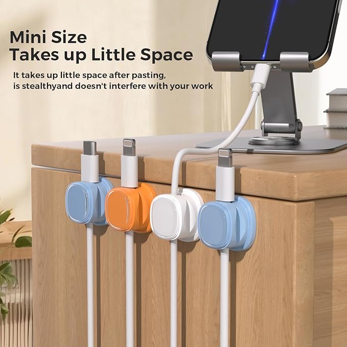 9 Pack Cord Organizer, Spring Cable Management, Adhesive Cute Cable Holder Clips, Phone Charger Wire Keeper for Desk Nightstand Car Office (9-Pack White_Orange_Blue)