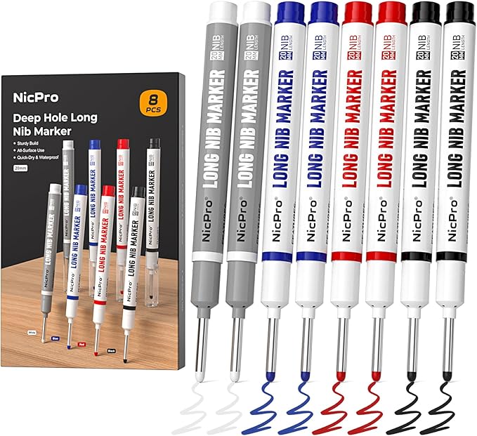 Nicpro 8 PCS Long Nib Marker Pens, 20mm Deep Hole Marker, Quick Dry & Waterproof Construction Markers, Long Head Markers for Metal, Steel, Tile, Glass, Carpenter Marking Pen for Woodworking (4 Colors)
