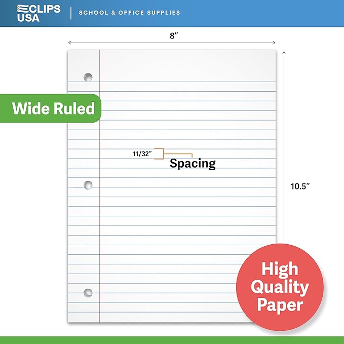 Wide Ruled Loose Leaf Paper Wide Ruled Notebook Paper Lined Writing Filler Paper 10.5” x 8” 56 gsm 450 Sheets 150 Sheet Per Pack (3 Pack)