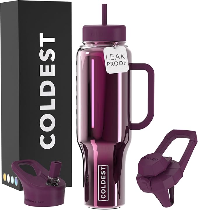 Coldest Tumbler with Handle and Straw, 100% Spill Proof Tumbler with Straw (3 Lids), Stainless Steel Insulated Leakproof Tumblers for Women Men, Cup Holder Friendly, 46 oz (Purple Lantern Reflections)