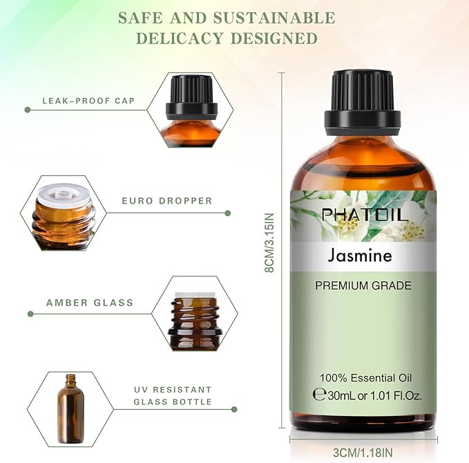 Jasmine Essential Oil 1.01fl.oz/30ml, PHATOIL Jasmine Oils Long Lasting Scents for Aromatherapy, Diffuser, DIY Soap and Candle Making