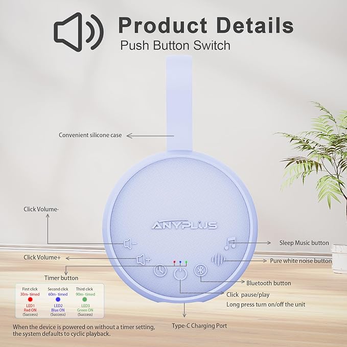 White Noise Sound Machine for Sleeping Adults & Baby, Portable Noise Machine with 24 Soothing Sounds, Bluetooth 5.1, Battery Powered, 3 Timer Settings, Memory Function for Home, Office, Travel(Purple)