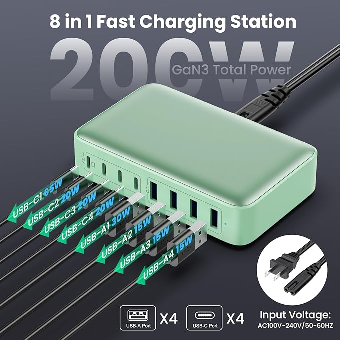 USB C Charger 200W USB C Charger Block GaN III 8-Port Fast Charging Station PD 65W Laptop Charger Adapter Compatible with MacBook Pro/Air,DELL,HP Surface,iPhone 15/14/13,Galaxy S23/22 (G)