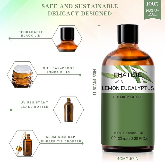 Lemon Eucalyptus 3.38fl.oz Essential Oil, PHATOIL Pure Aromatherapy Oils for Diffuser, Humidifier, Perfect for DIY Soap, Candle, Bath Bombs Making(100ml)
