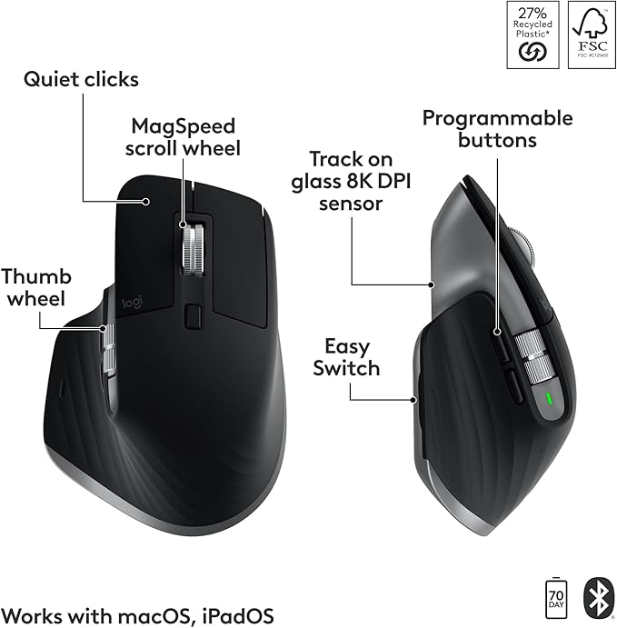 Logitech MX Keys S Combo for Mac, Wireless Keyboard and Mouse with Palm Rest, Backlit Keyboard, Fast Scroll Wireless Mouse, Bluetooth USB C for MacBook Pro, MacBook Air, iMac, iPad - Space Grey