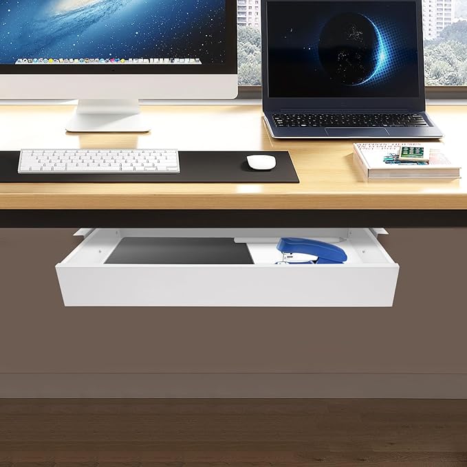 LEYSRIS 21.6" Under Desk Storage Drawer, White Sliding Pull-Out Drawer for Sit Stand Workstation