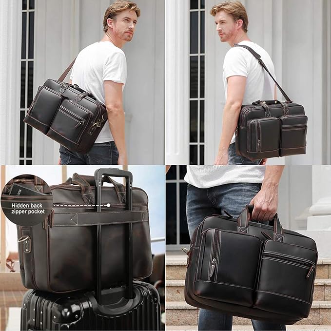 Leather Briefcase for Men Expandable Large 17 Inch Laptop Crossbody Shoulder Bag Business Travel Duffel Attache Case