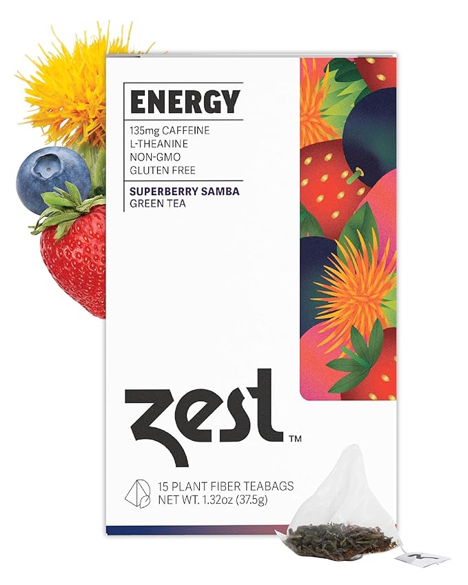 Zest Energy Green Tea - Superberry Samba - High Caffeine Strawberry, Acai, & Passion Fruit Tea - Caffeinated Coffee Altnernative with Antioxidants - Natural, Non-GMO & Keto - 15Ct Box - 135mg Caf