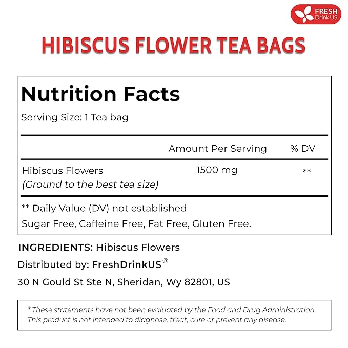 FreshDrinkUS, Premium 60 Hibiscus Flowers Tea Bags, 100% Natural & Pure, Loose Flower Herbal Tea. No Sugar, No Caffeine, No Gluten, Vegan. Great To Drink Hot Or Ice Tea