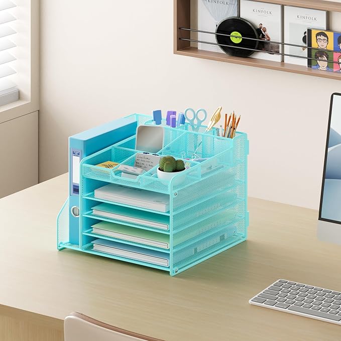Lavatino 5-Tier Metal Mesh Desk Organizer with File Holder & 7 Customizable Compartments | Paper Letter Tray for Office or Home Desk Storage | Keep Workspace Supplies Neat & Organized, Blue
