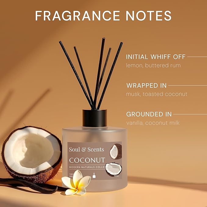 Soul & Scents Reed Diffuser Set – Coconut | 7.43 oz Refillable Scented Oil with 6 Fiber Sticks | Long-Lasting Home Fragrance & Air Freshener for Bedroom, Bathroom, Office | Gift & Décor Piece