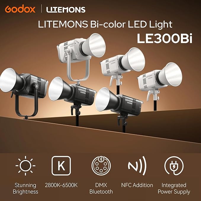 Godox Litemons LE300Bi COB Led Video Light,320W Power,2800-6500K CCT,58900 Lux@1m,Bowens Accessory Mount,Wired DMX/RDM,Bluetooth for Studio Photography Video Recording Live Streaming (Black)