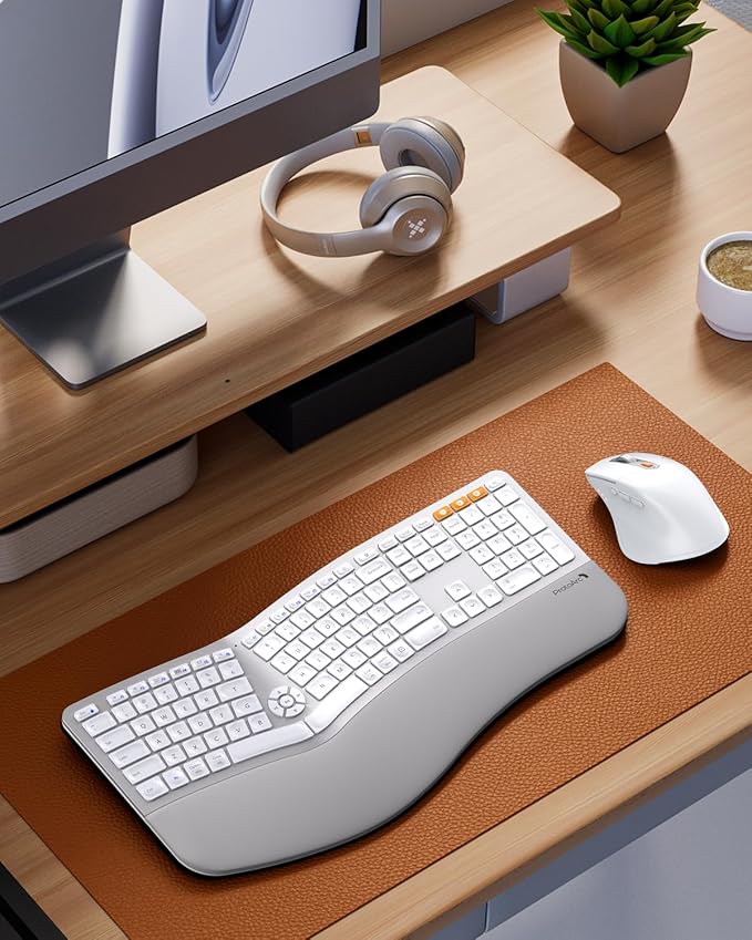 ProtoArc Ergonomic Wireless Keyboard Mouse, EKM01 Plus Full Size Ergo Bluetooth Keyboard Mouse Combo, Split Design, Wrist Rest, Multi-Device, Rechargeable, for Windows/Mac OS - White and Silver
