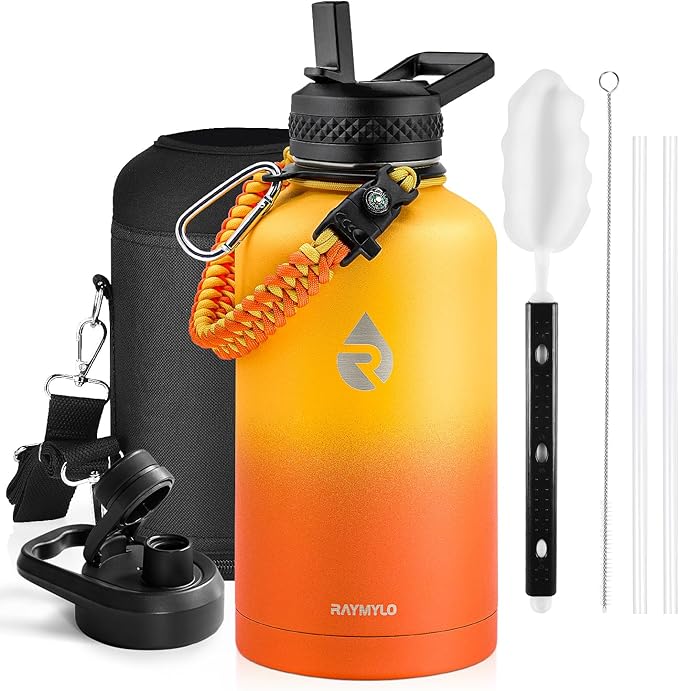 Insulated Water Bottle 64 oz, Triple Wall Vacuum Stainless Steel (Cold for 48 Hrs), Leak Proof & Non-BPA, Half Gallon Water Flask Jug with Paracord Handle & Straw Spout Lids, Ombre Orange