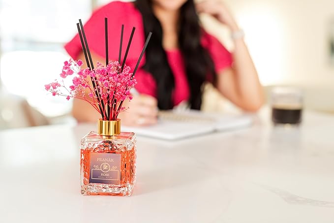 PEANÄK Reed Diffuser Set - Rose Honey Fragrance 6.7oz (200 ml) - Set of 2 Real Preserved Flowers & 6 Reed Sticks for Home & Office Bathroom Shelf Décor with Long Lasting Gift Scents