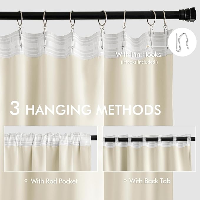 MIULEE Birch Back Tab Blackout Curtains 120 Inch Long 2 Panels Set