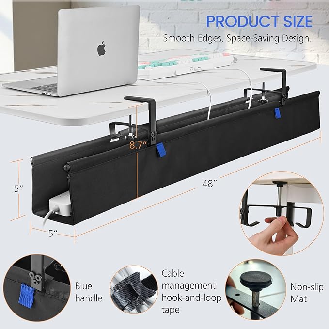 48" Under Desk Cable Management Tray- Clamp/Screw Mount Desk Cable Organizer Cable Tray Hiders for Office&Home