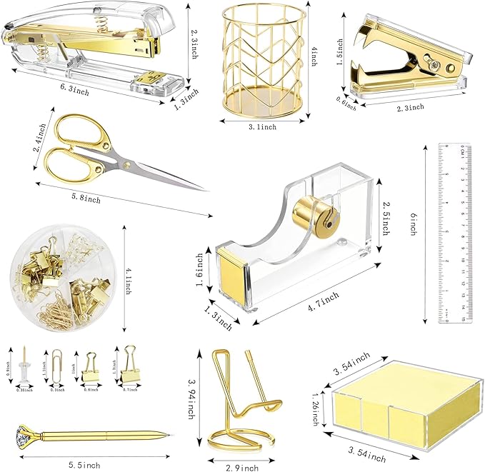 Gold Desk Accessories, Acrylic Stapler, Staple Remover, Tape Holder, Pen Holder, Ballpoint Pen, Scissor, Binder Clips, 1000pcs Staples, Phone Holder, Ruler, Transparent Glue and 300 Notes