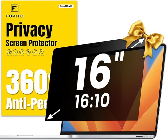 F FORITO 16 Inch 16:10 360° Laptop Privacy Screen Protector, Anti Peeping and Anti Glare Laptop Privacy Shield, Reduce Eye Strain & Eye Protection