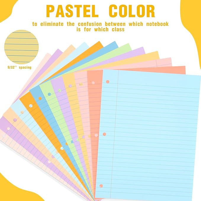 PerKoop 600 Sheets Colored Loose Leaf Paper 8.5" x 11" college ruled Lined 3 Hole Punched notebook Filler Paper for 3 Ring Binders Office School Supplies (Many Color)