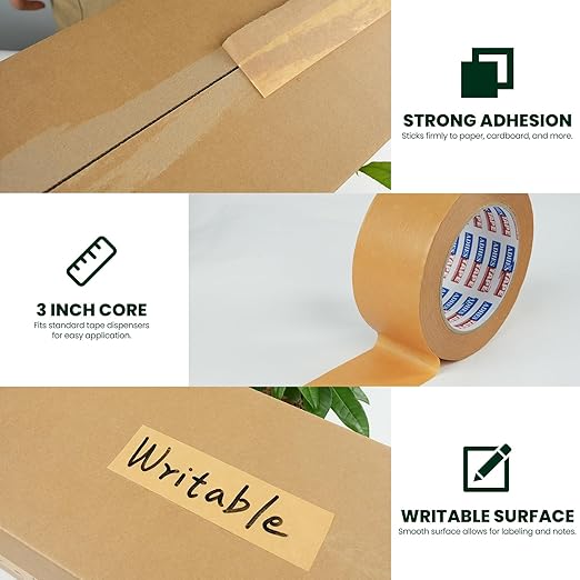 ADHES Kraft Paper Tape, 2 Inch x 44 Yards, 48 Rolls Writable & Uncoated Heavy Duty Paper Tape, Biodegradable Brown Packing Tape for Sealing, Packaging & Moving