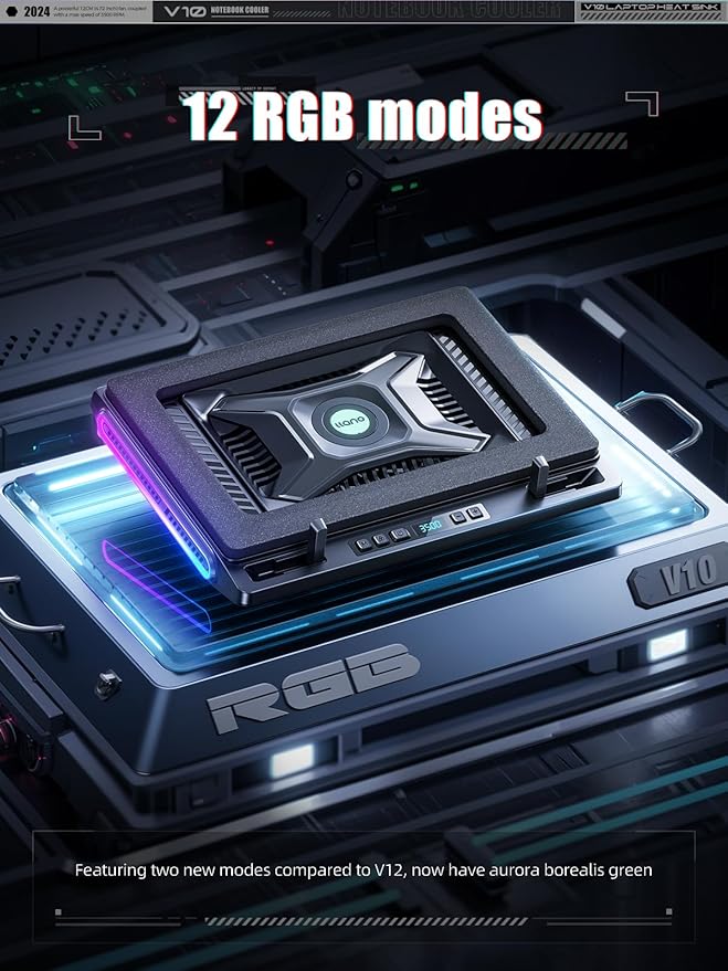 llano V10 Gaming Laptop Cooling Pad, RGB Laptop Cooler Stand with Powerful 4.72 Inch External Turbo Cooling Fan, Fast Cooling Computer 13-17.3in, Button Control, 3 Adjustable Stand, 4-Port USB C&A