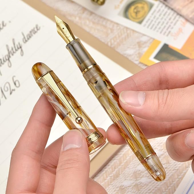 Asvine V126 Vacuum Filling Fountain Pen Extra Fine Nib, Brown Swirl Acrylic, Large-Capacity with Gift Case