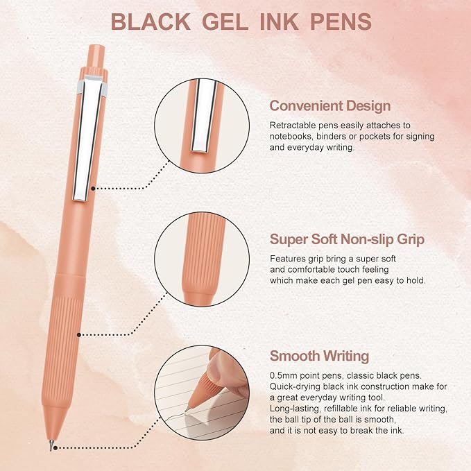 Linbsunne Gel Pens Black Ink Pens for Office 0.5mm Fine Point Pens Smooth Writing Retractable Work Pen (Metal clip-12 pcs)