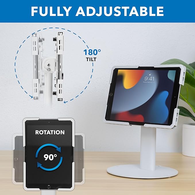 Mount-It! Universal Tablet Stand with Tilt, Anti-Theft Retail iPad POS Kiosk Stand, Fits Tablets from 9.7" to 13" Screen Size, 90° Rotation for Portrait and Horizontal Viewing, Durable Steel, White