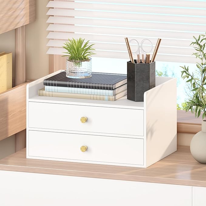 Bamboo Desk Organizer with Drawers Wooden Desktop Storage Drawers for Bills Office Supplies Kitchen Utensils Organizing Tool for Home Classroom Organization No Assembly (2 Drawers, White)