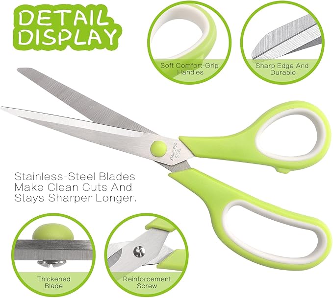 Scissors 8.5 Inch scissors all purpose Bulk Set of 3, Scissors for Office Home School Craft Supplies, Soft Comfort-Grip Right/Left Hand, Viridian, Vivid Green, Pink