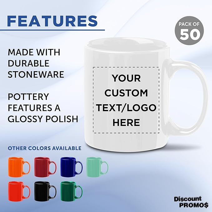 Custom Ceramic Coffee Mugs 11 oz. Set of 50, Personalized Bulk Pack - Coffee cup set, Iced coffee cup, Gaming mug - White
