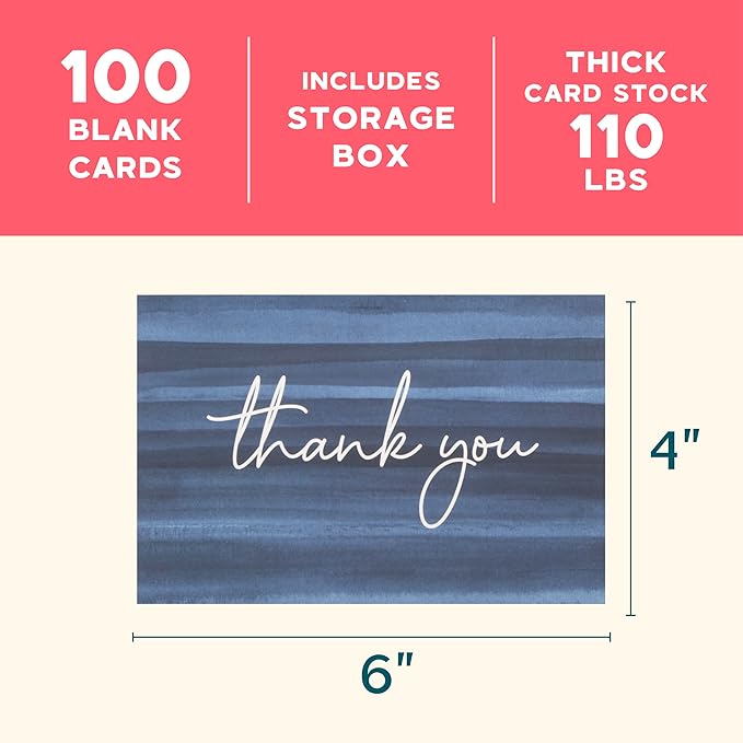 VNS Creations Thank You Cards With Envelopes Bulk Set & Stickers - 100 Pack 4x6 Blank Thank You Notes Bulk Box Set - Large Note Card Small Business, Wedding, Baby Shower & Bridal Shower - Ombré