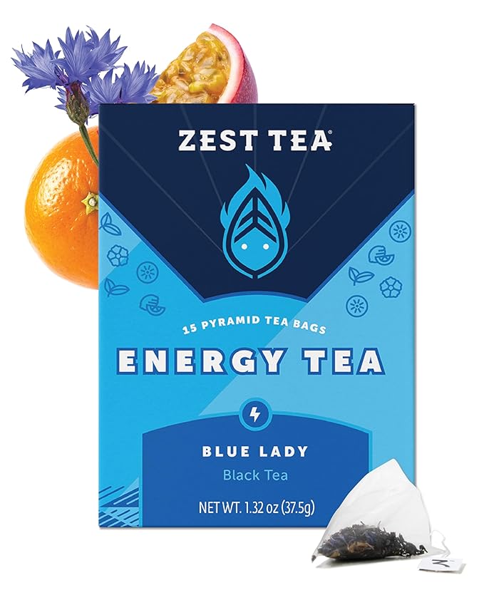 Zest Energy Tea Bags – Blue Lady Passion Fruit Black Tea – High Caffeine Tea for Morning Energy, Focus & Clarity – Natural Caffeinated Tea with 150mg Caffeine – 15Ct Box – Non-GMO & Keto Friendly