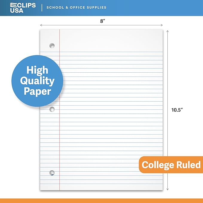 Loose Leaf Paper College Ruled Notebook Paper College Ruled Lined Writing Filler Paper 10.5” x 8” 300 Sheets 100 Sheets Per Pack 60 gsm (3 Pack)