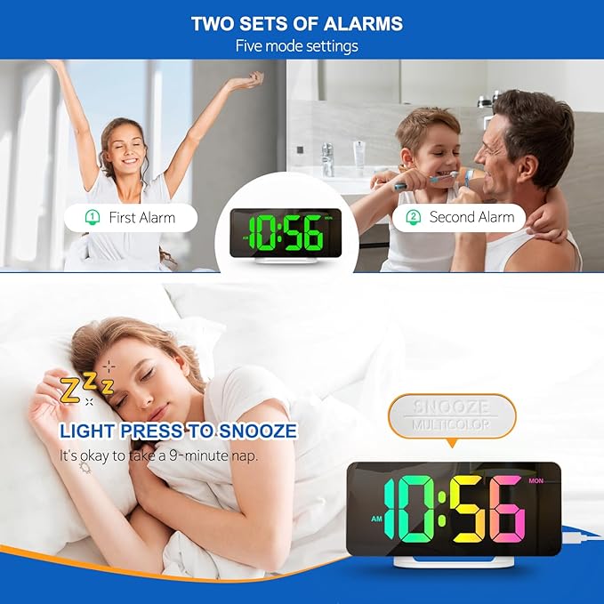 Hournor Digital Alarm Clock, LED Digital Clock for Bedrooms with 10 Color Changing Night Light, Adjustable Brightness, USB Charging Port, Bedside and Desk Clocks for Living Room Office (White)