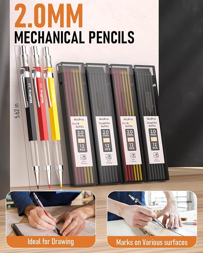 Nicpro 18 Pack Carpenter Pencils Mechanical, Construction Pencils with 60 Refill, Automatic Center Punch and Carbide Scribe Tool, 2.0mm Mechanical Pencil for Woodworking, Best Carpenters Marking Tool