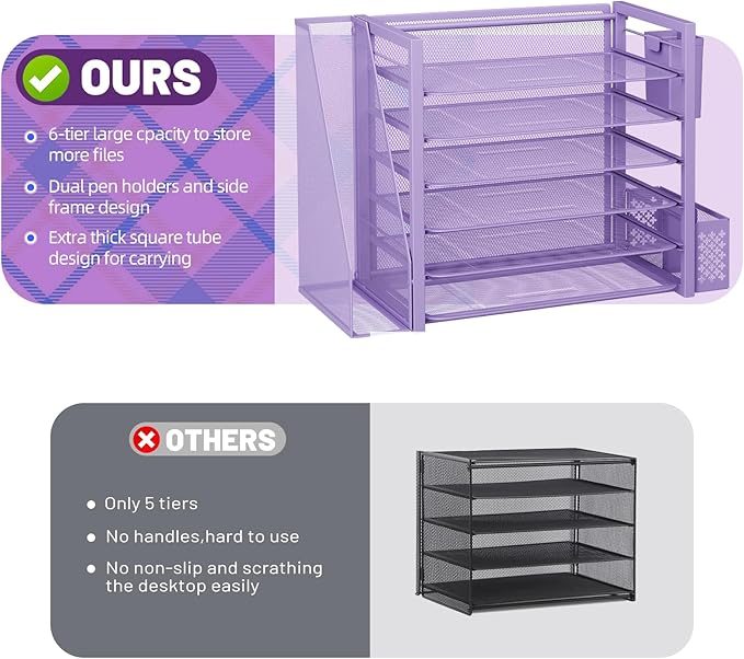 Simple Trending 6 Tier Desk File Organizer, Paper Letter Tray Organizer with File Holder and Pen Container, Purple