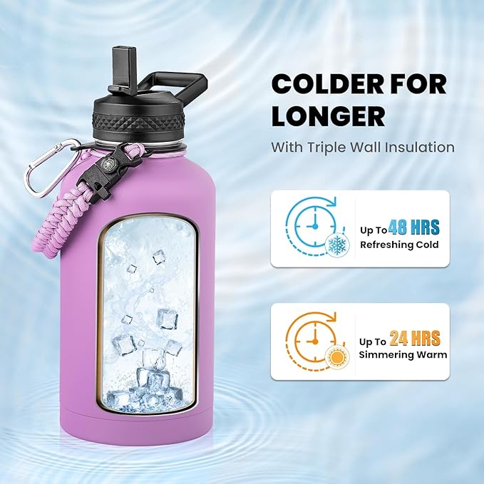 Insulated Water Bottle 64 oz, Triple Wall Vacuum Stainless Steel (Cold for 48 Hrs), Leak Proof & Non-BPA, Half Gallon Water Flask Jug with Paracord Handle & Straw Spout Lids, Lilac