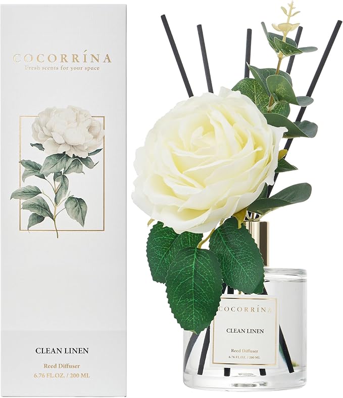 Cocorrína Flower Reed Diffuser - Clean Linen 6.7oz Scented Diffuser with Sticks Home Fragrance Essential Oil for Bathroom Shelf Decor (Artificial Flower)