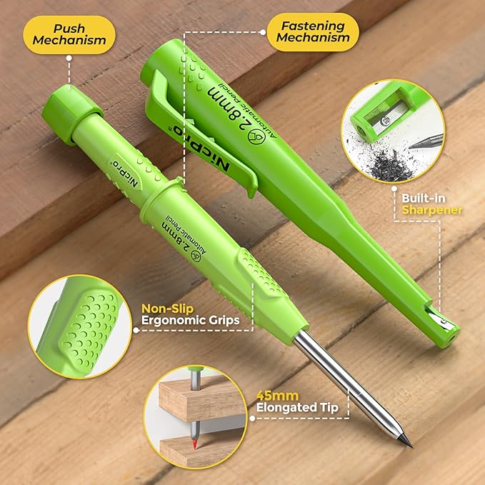 Nicpro CP3000 Carpenter Pencil with Sharpener, 2.8 mm Mechanical Pencils with 19 Refills, Deep Hole Marker for Construction, Heavy Duty Woodworking Pencil, Carpenter Tools for Architect Marking(Green)