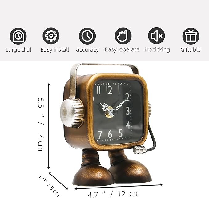 YOUKI Retro Steampunk Style Robot Table Clock,Industrial Style Desk and Shelf Clocks,Decorative Battery Operated,Silent Non-Ticking Clock for Office, Living Room or Bedroom