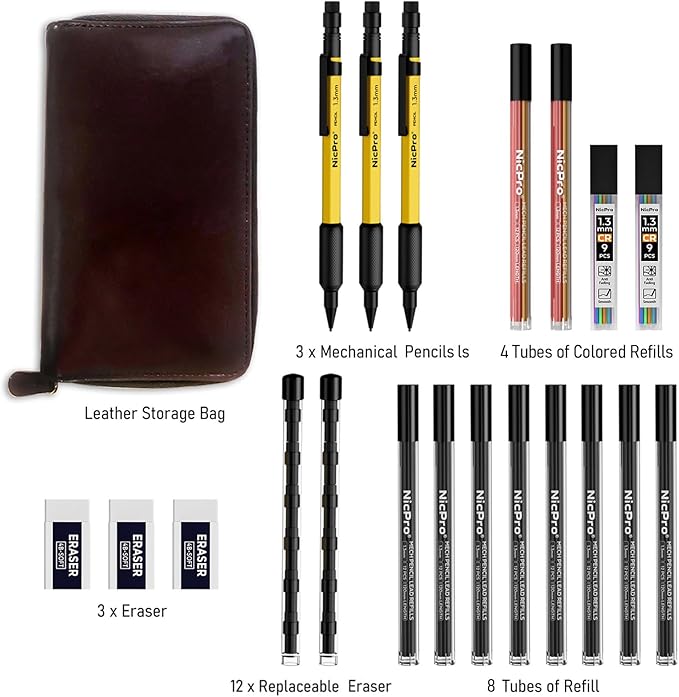 Nicpro 21PCS 1.3 mm Mechanical Pencil Set in Leather Bag with 138 Lead Refill, Eraser, Eraser Refills - Weatherproof Metal Barrel, Heavy Duty Carpenter Pencil for Outdoor Marking Drawing Woodworking