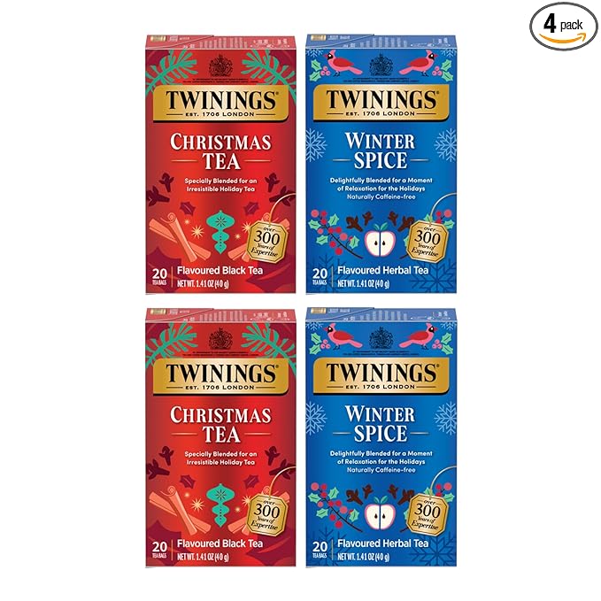 Twinings Holiday Variety Pack Tea Bags, Christmas Tea and Winter Spice, 20 Count (Pack of 4), Enjoy Hot or Iced