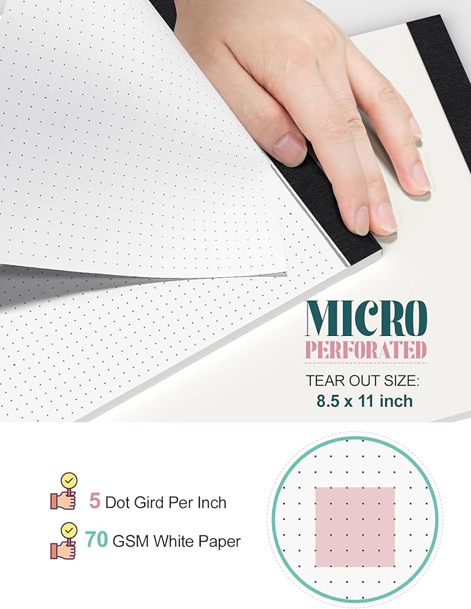 Dotted Journal Notepads 8-1/2 x 11, 3 Pack, Dot Journal Paper 8.5 x 11, Letter Size Large, Dotted Grid Note Pad for Planning Journaling, 70 GSM Pads of Paper, 1/5" Dots Writing Notes, 30 Sheets/Pad