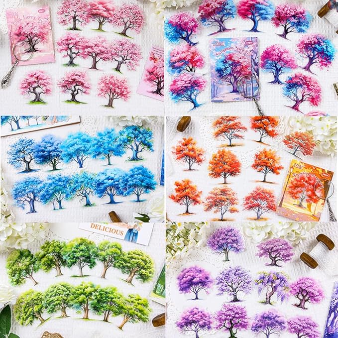 Dwpetzo PET Seasonal Tree Landscape Stickers for Journaling and Scrapbooking, 60 PCS Large Decorative Stickers for Junk Journal Supplies, DIY Crafts Arts, Collage, Albumn
