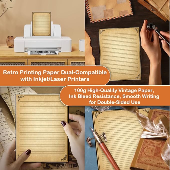 Vintage Lined Paper with Antique Border Design, 50 Sheets, Stationary Paper for Writing Letters, 100gsm, 11 x 8.5'', Aged Stationery for Writing Letters, Invitations, Stationery Writing Papers
