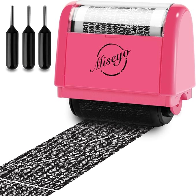 Miseyo Wide Identity Theft Protection Roller Stamp Set - Peach (3 Refill Ink Included)