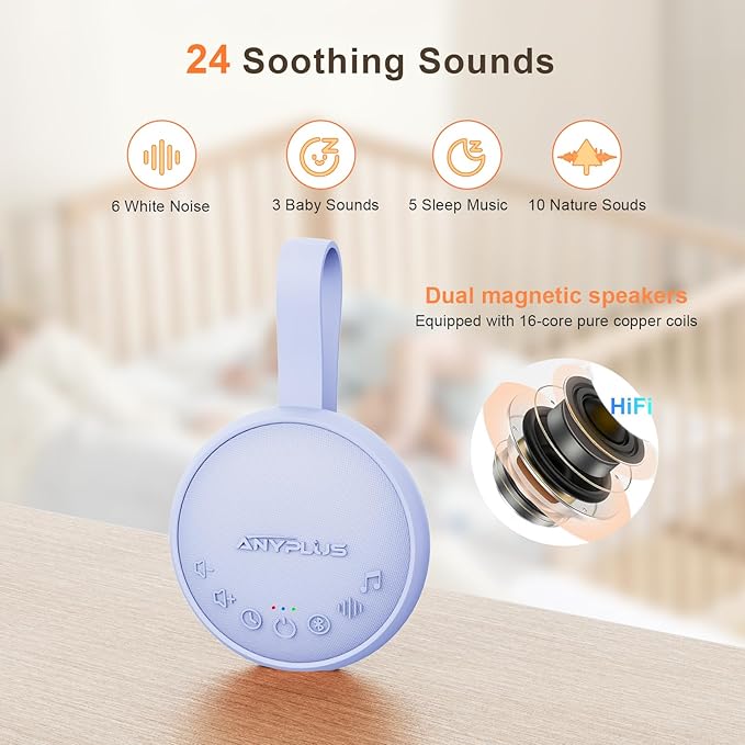 White Noise Sound Machine for Sleeping Adults & Baby, Portable Noise Machine with 24 Soothing Sounds, Bluetooth 5.1, Battery Powered, 3 Timer Settings, Memory Function for Home, Office, Travel(Purple)