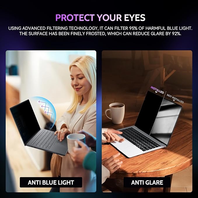 Peslv 360° 4 Way Laptop Privacy Screen for 16 Inch 16:10 Aspect Ratio Computer Monitor, Anti Glare Blue Light Spy Filter Private Cover, Bubble-Free Black Security Protector